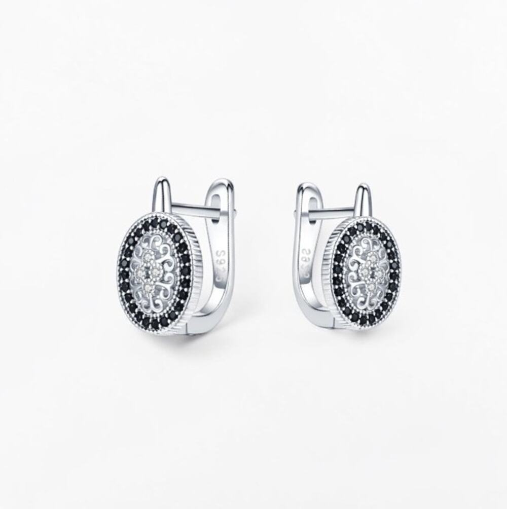 925 Sterling Silver Black Crystal Hoop Earrings